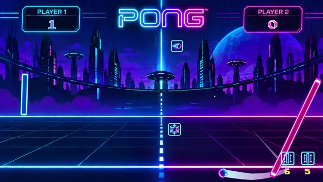 Player 2's paddle, enlarged by a power-up, returns a low shot at an angle