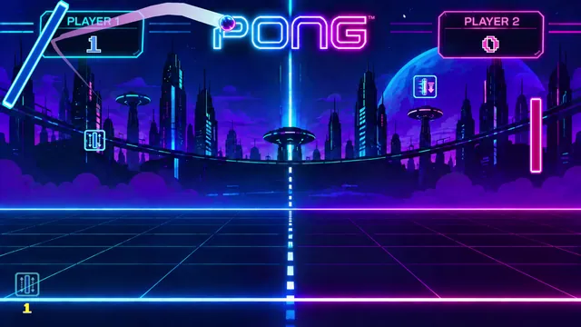 A long rally: the ball leaves a curved light trail across the neon city skyline